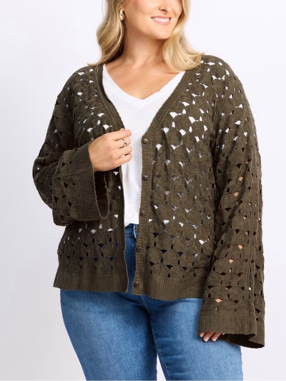 bobeau Olive Eyelet Open-Knit Button Front Cardigan